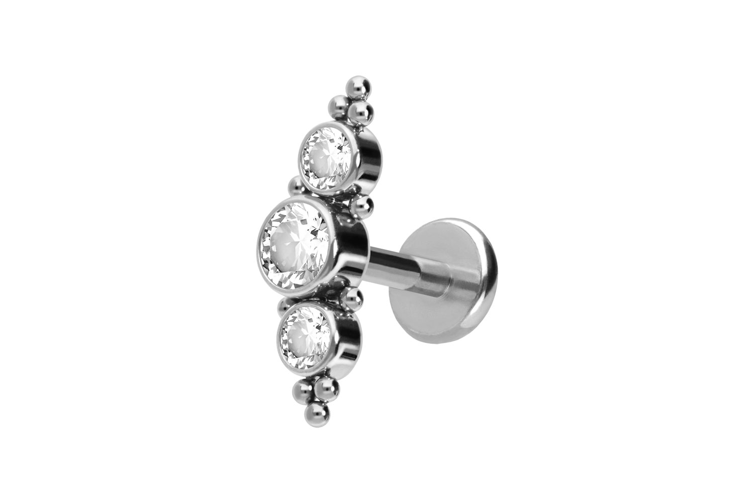 Titan Labret Piercing mit Push Fit 3 KRISTALLE + KUGELN